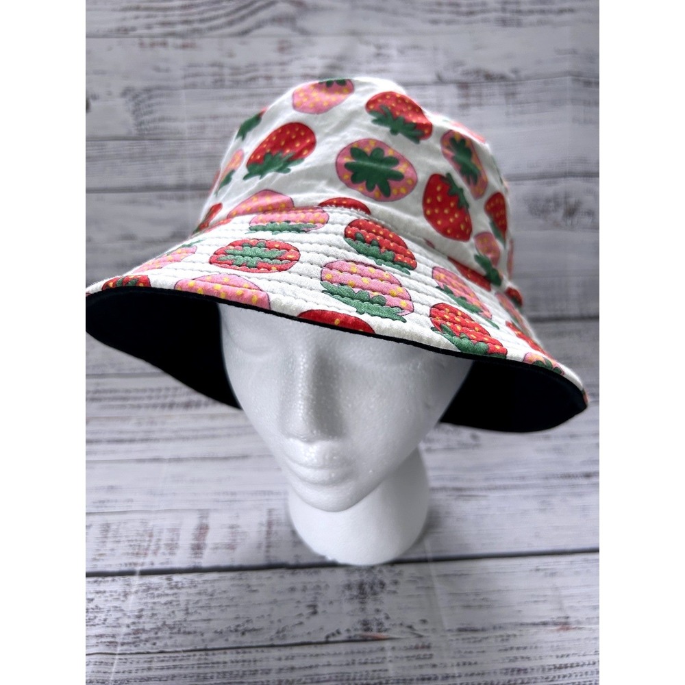 Strawberry Bucket Hat Women White Black Reversible‎ Fruit Print OS